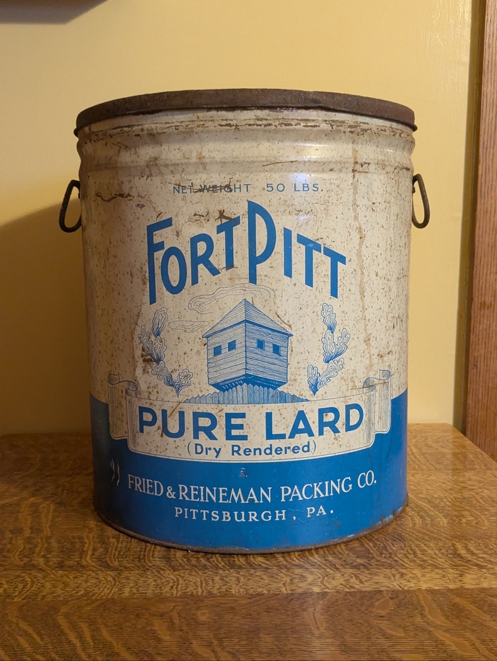 Vintage Fort Pitt Pure Lard Tin 50lb With Lid Bail Handle White Blue Rustic Farm - Picture 2 of 11